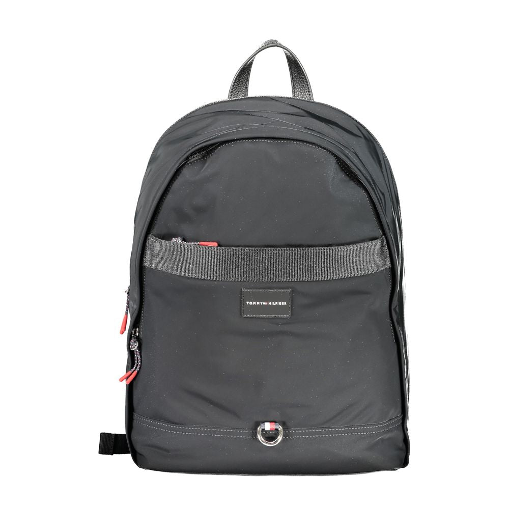 Black Tommy Hilfiger polyester men's backpack with front pocket and adjustable straps, casual and functional for everyday use.
