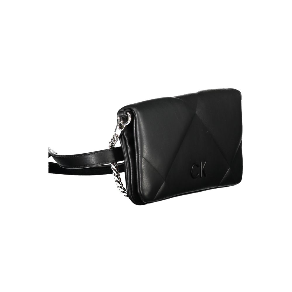 Black Calvin Klein polyester women's handbag with sleek design and top handle, featuring subtle branding and spacious interior.