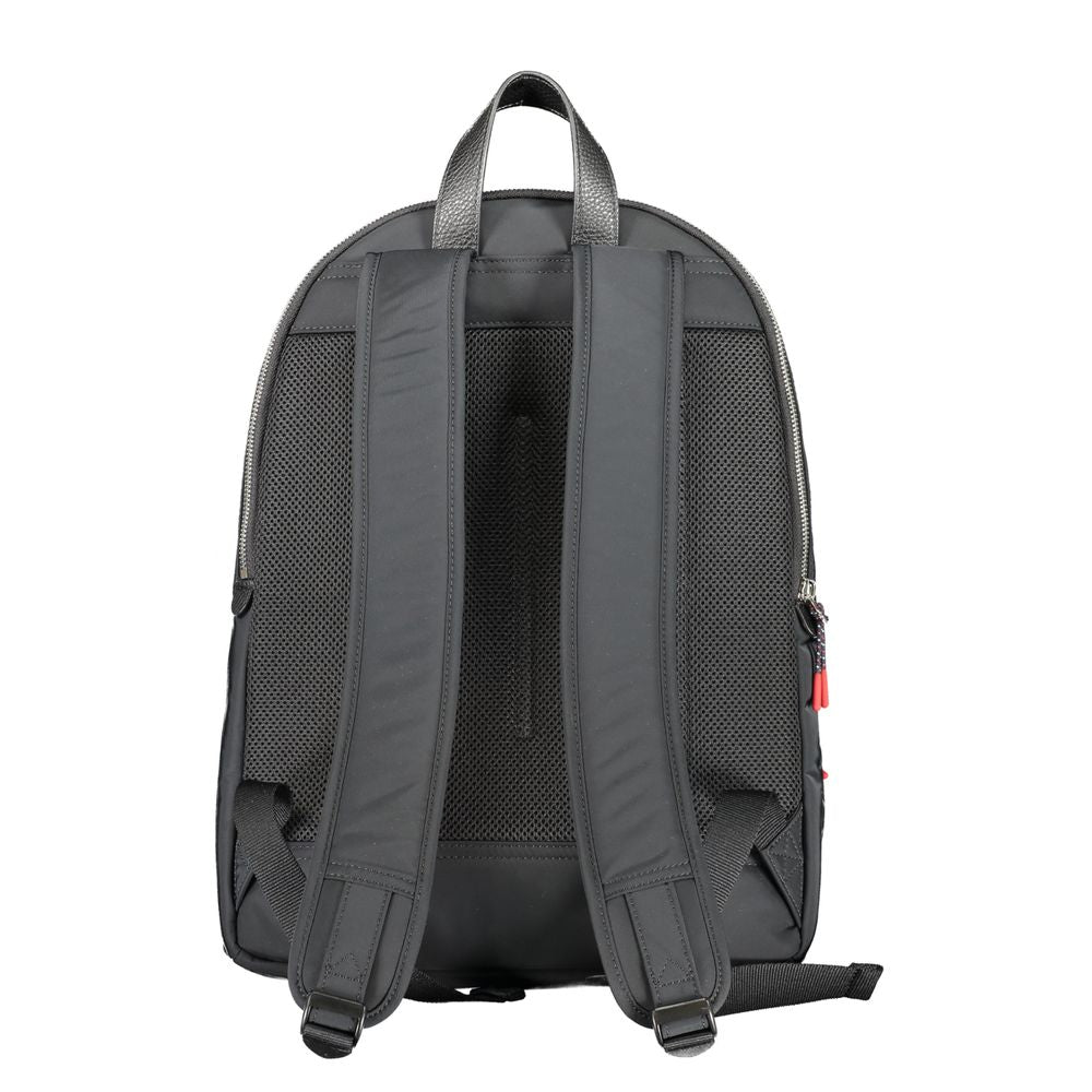 Black Tommy Hilfiger polyester men's backpack with multiple compartments and adjustable straps, suitable for everyday use.