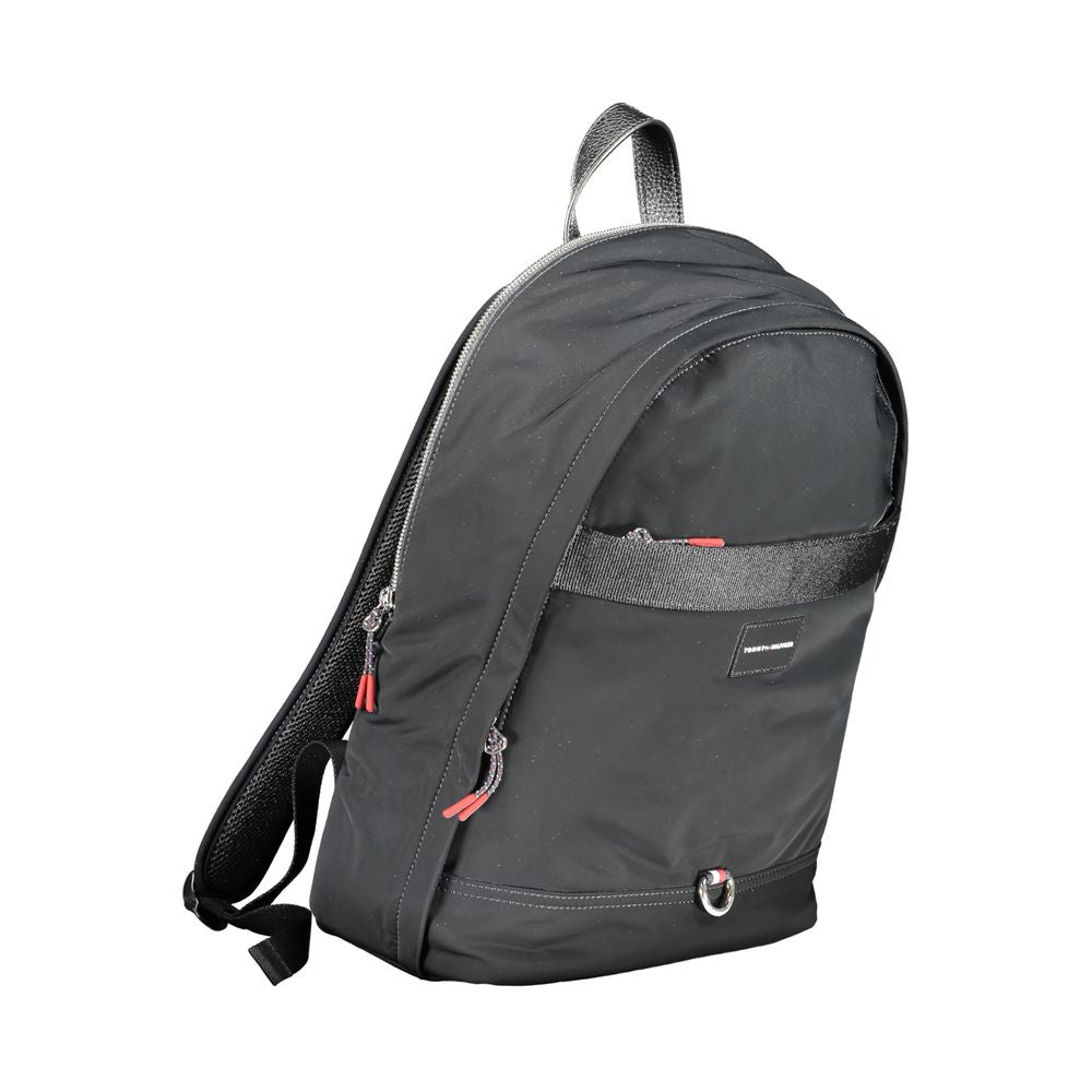 Black polyester men's backpack by Tommy Hilfiger with multiple compartments and adjustable straps, stylish and functional for everyday use.