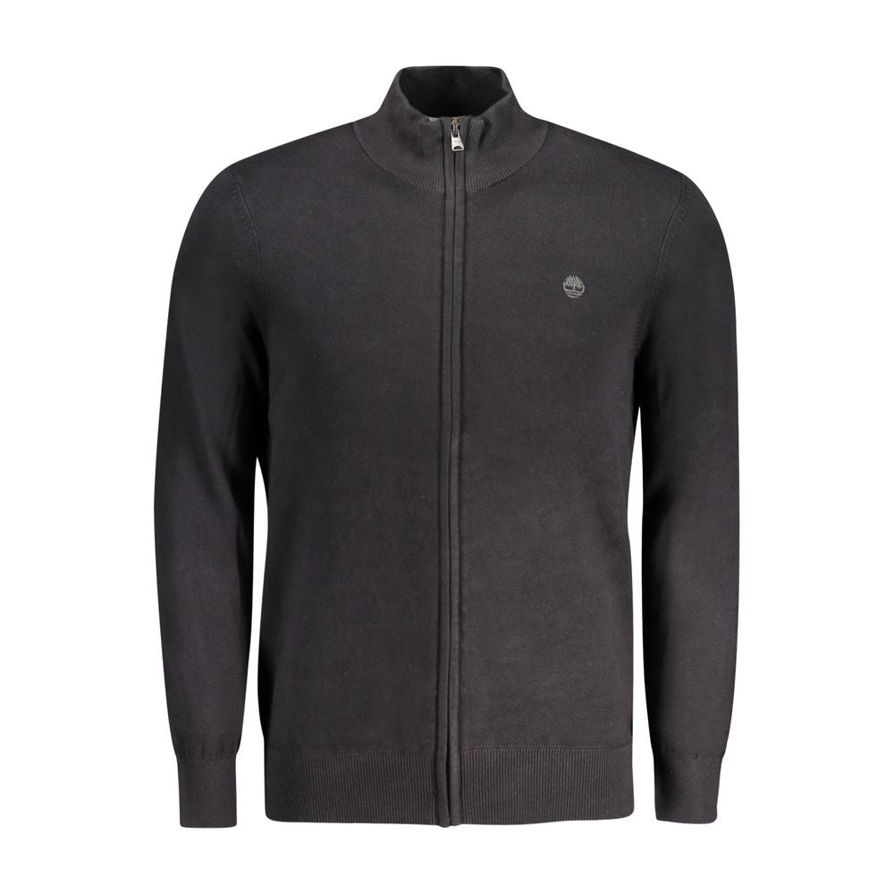 Black organic cotton men's cardigan by Timberland, featuring a button-up front and classic fit, displayed on a neutral background.