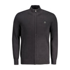 Black organic cotton men's cardigan by Timberland, featuring a button-up front and classic fit, displayed on a neutral background.