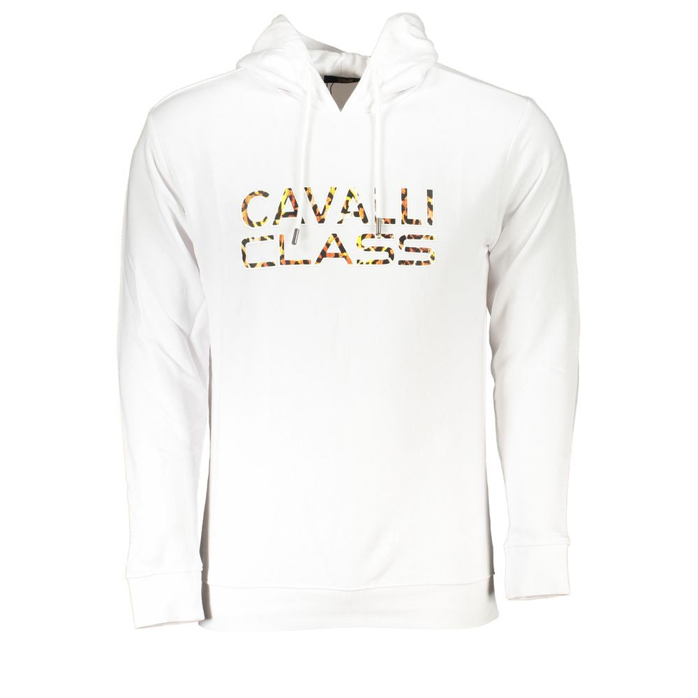 Cavalli Class Bianco cotton men's sweatshirt with ribbed cuffs and crew neck, featuring a minimalist design.