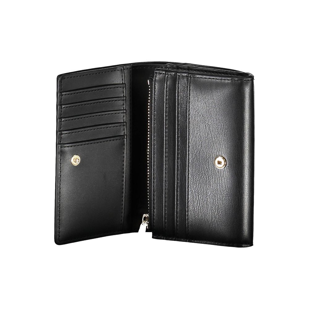 Tommy Hilfiger black polyurethane women's wallet with sleek design and multiple card slots, featuring the brand logo.