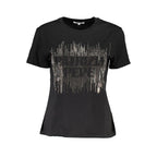 Black cotton women’s T-shirt by Patrizia Pepe, featuring a simple crew neck and short sleeves, displayed flat.