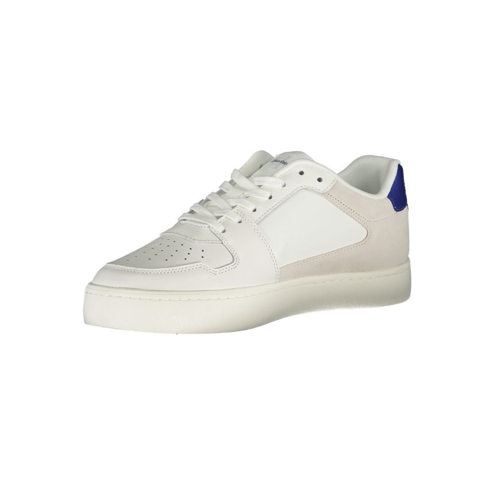 White Calvin Klein men's polyurethane sneaker with sleek design and rubber sole, perfect for casual or athletic wear.