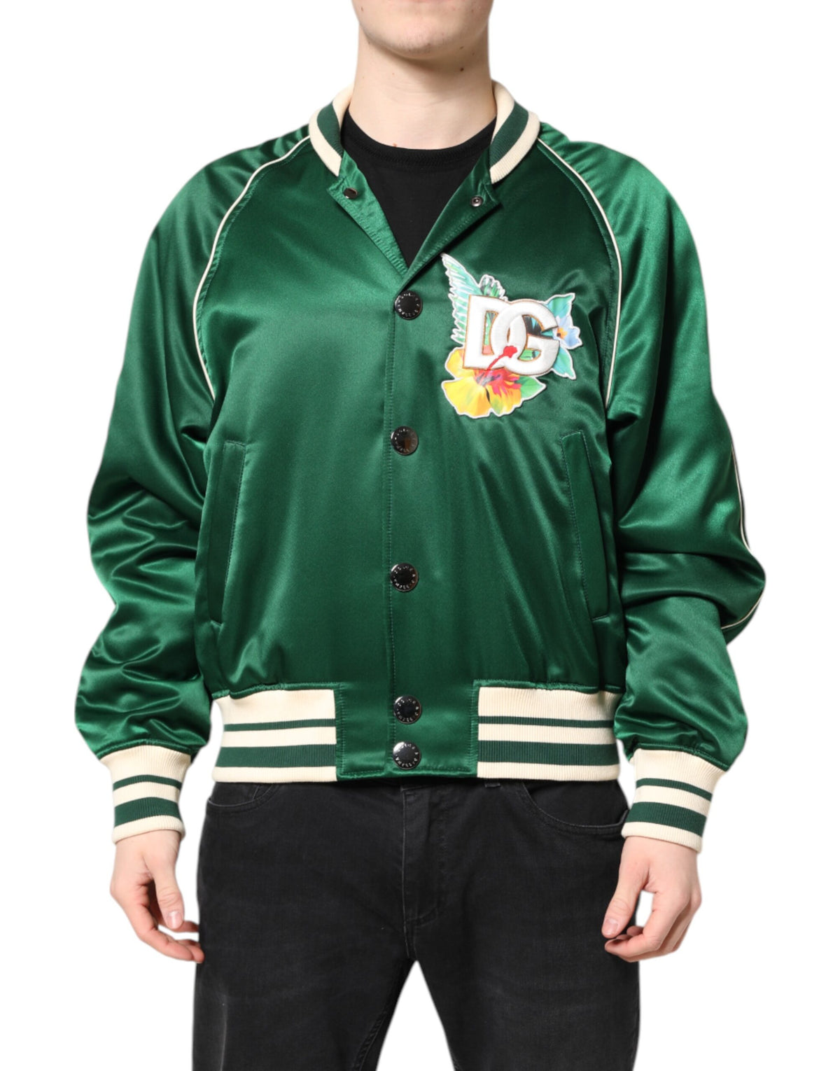 Dolce & Gabbana Green Floral DG Logo Full Zip Bomber Jacket - Eljoys Fashion 