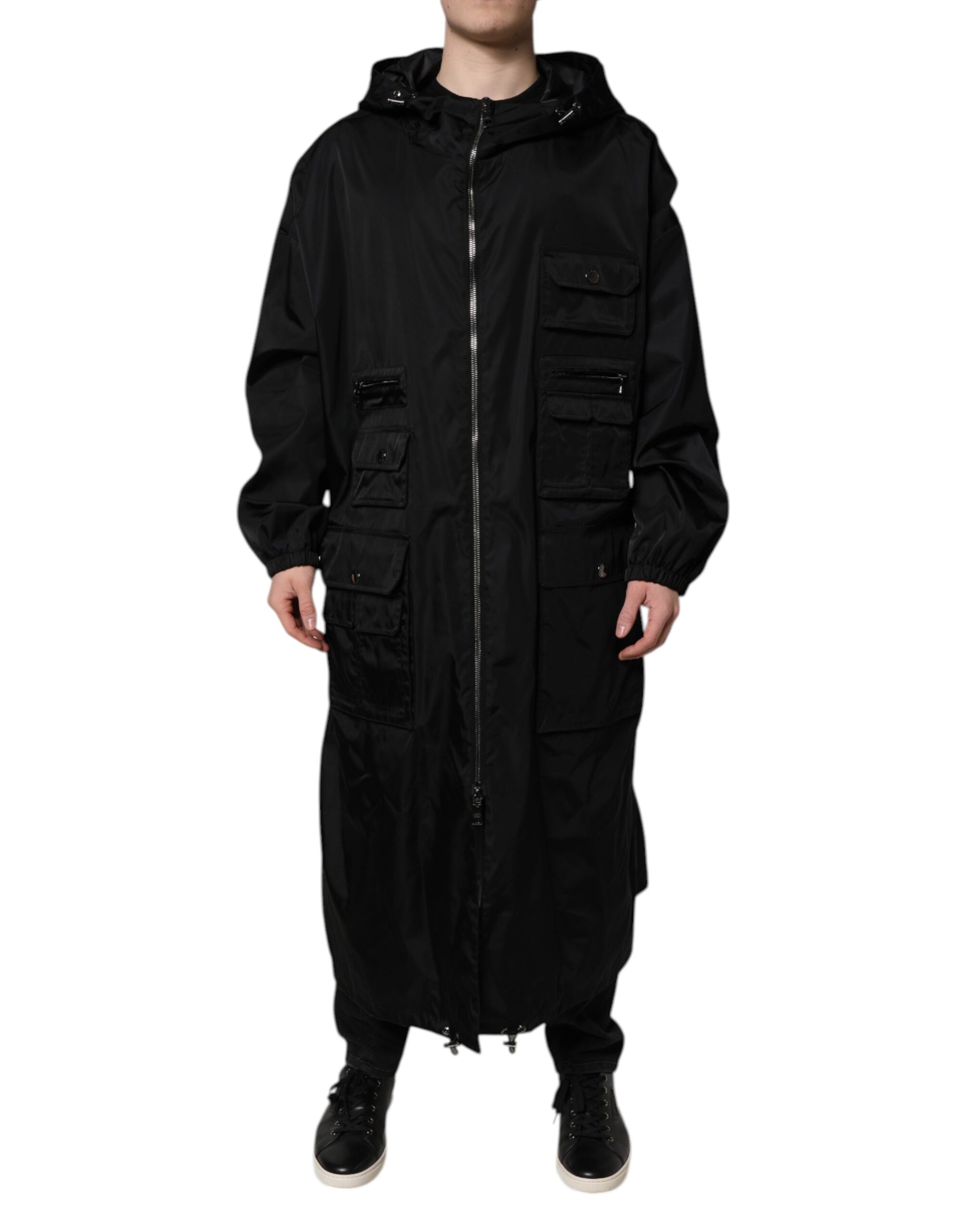 Dolce & Gabbana Black Hooded Long Men Windbreaker Jacket Dolce & Gabbana