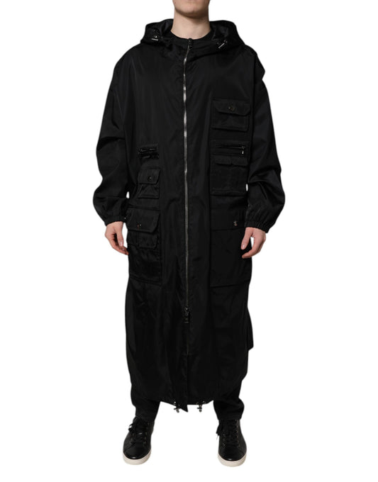 Dolce & Gabbana Black Hooded Long Men Windbreaker Jacket Dolce & Gabbana