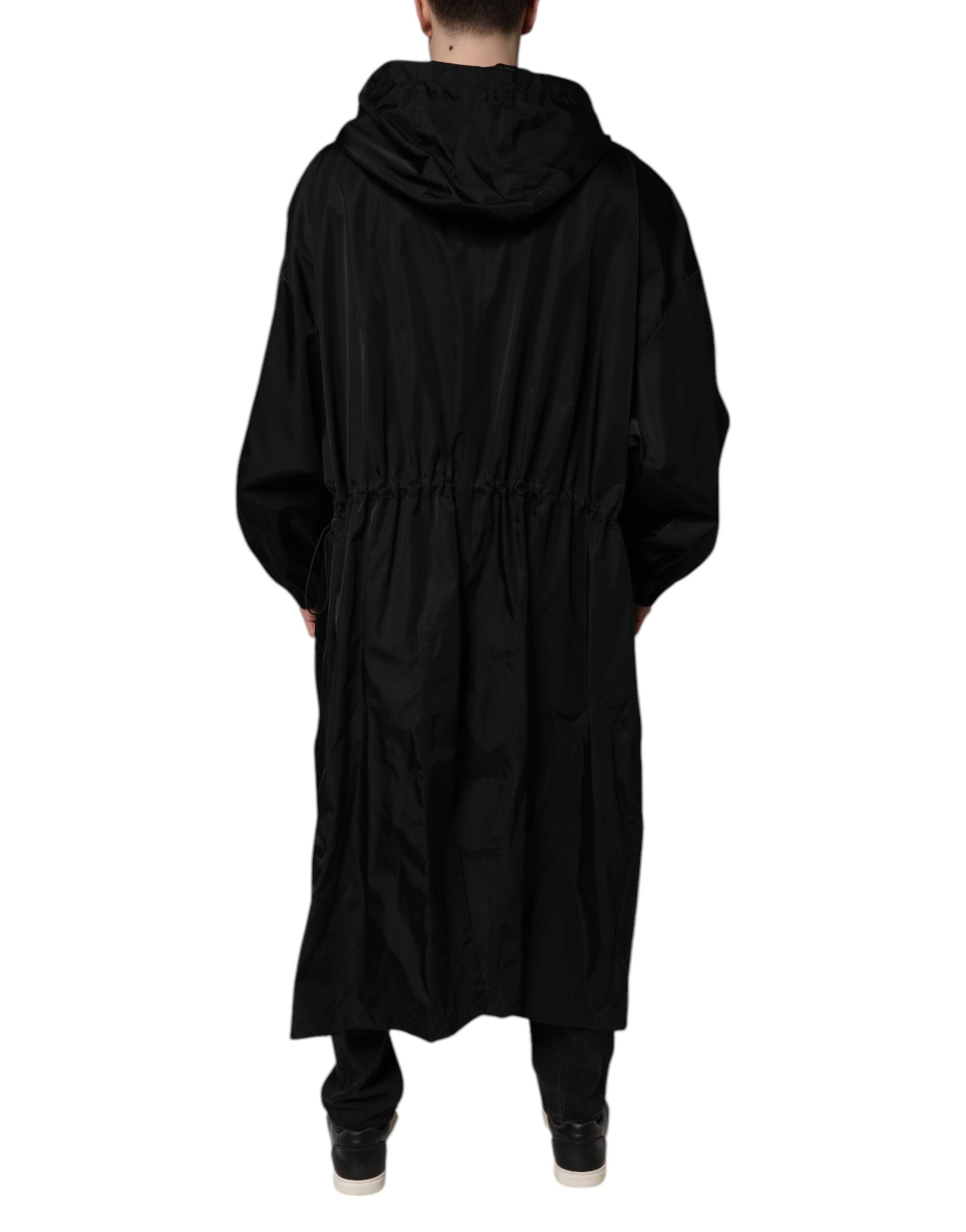 Dolce & Gabbana Black Hooded Long Men Windbreaker Jacket Dolce & Gabbana