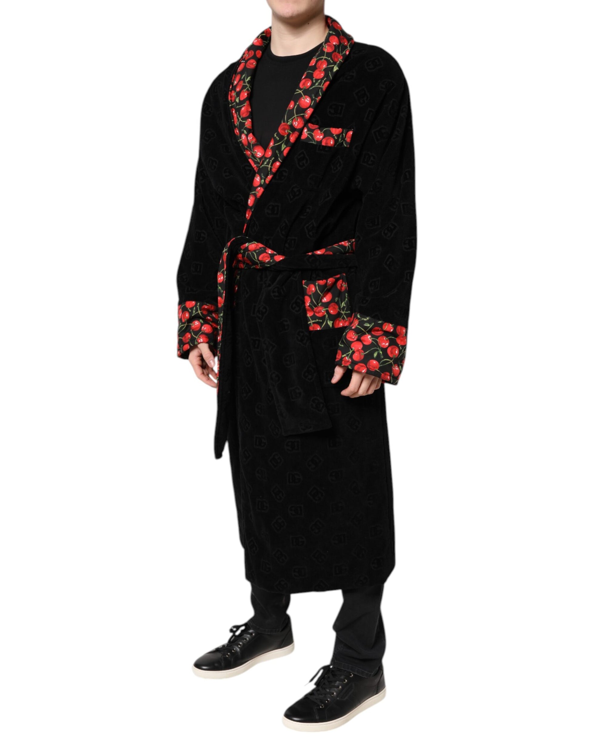 Dolce & Gabbana Black Cherry Print Wrap Robe Men Coat Jacket Dolce & Gabbana