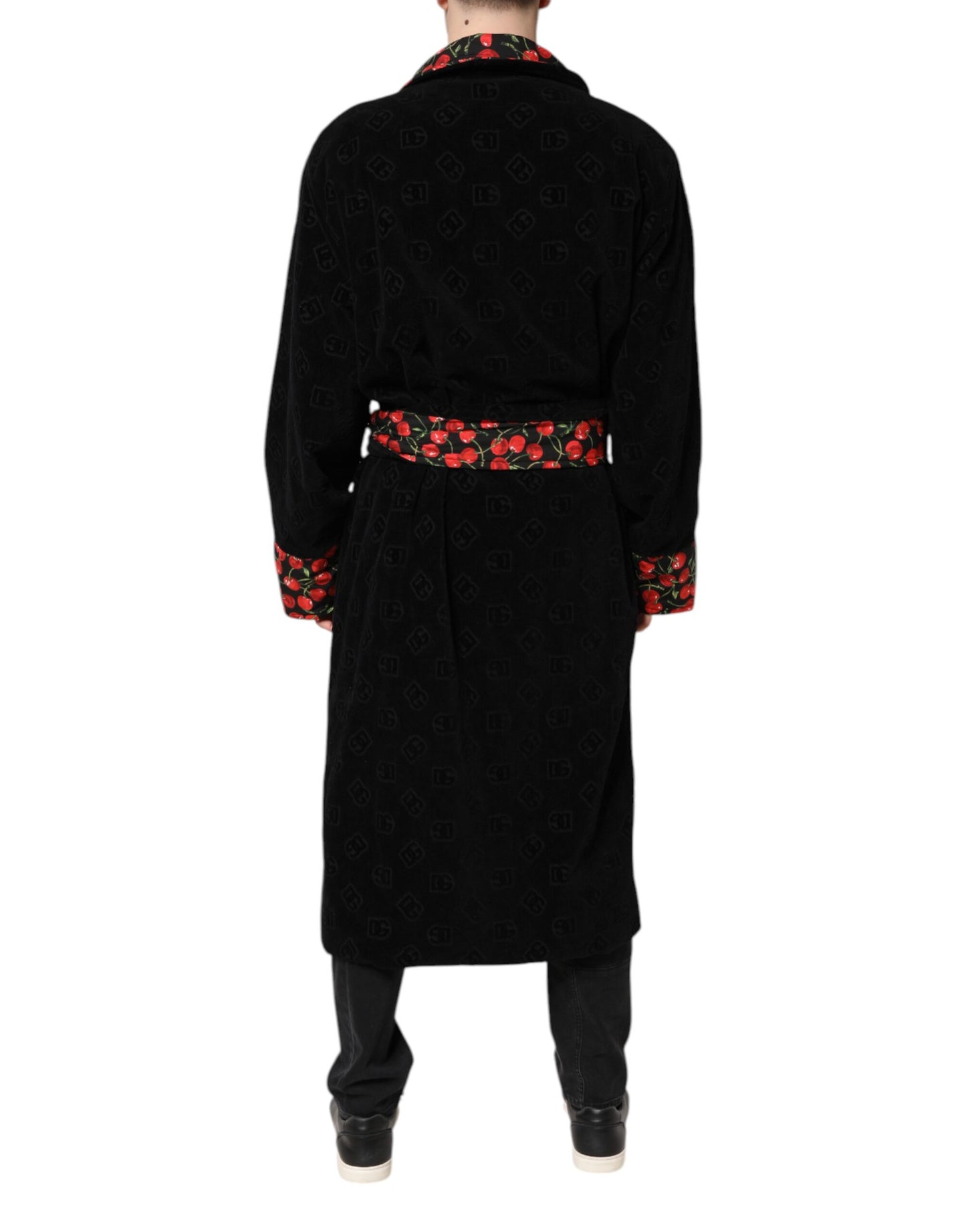 Dolce & Gabbana Black Cherry Print Wrap Robe Men Coat Jacket Dolce & Gabbana