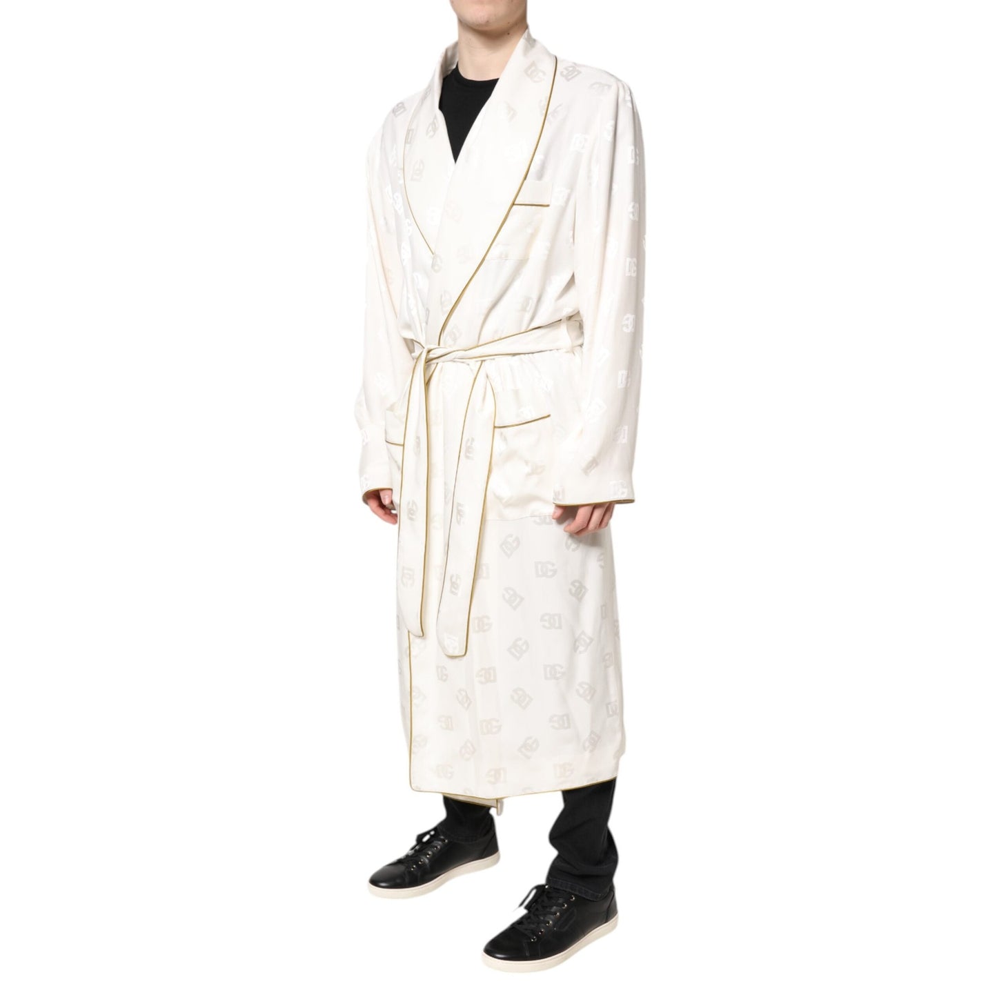 Dolce & Gabbana Ivory Silk Logo Men Wrap Robe Coat Jacket
