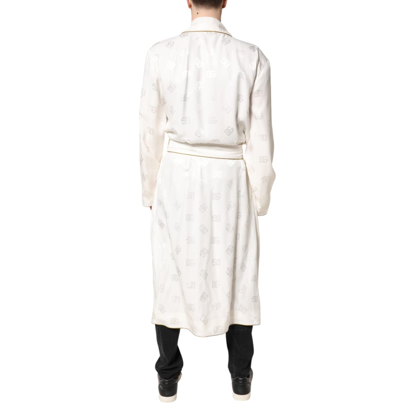 Dolce & Gabbana Ivory Silk Logo Men Wrap Robe Coat Jacket