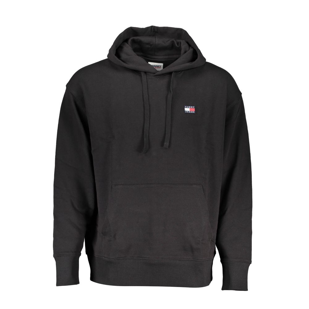 Black cotton men's hoodie by Tommy Hilfiger with front logo, long sleeves, and a drawstring hood.