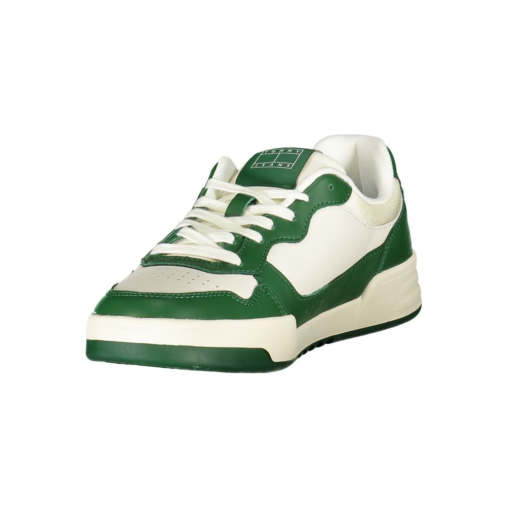 Tommy Hilfiger white polyurethane men's sneaker with sporty design and rubber sole on a plain background.