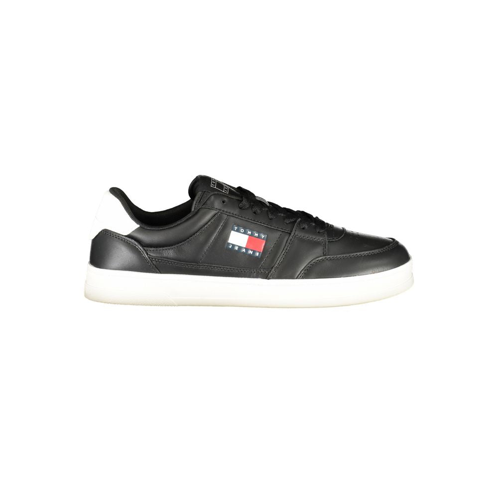 Black leather men's sneaker by Tommy Hilfiger with white sole and classic logo detail on the side.