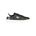 Black leather men's sneaker by Tommy Hilfiger with white sole and classic logo detail on the side.