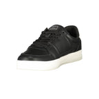 Black leather men's sneaker by Tommy Hilfiger with white accents, featuring a sleek design and casual athletic style.