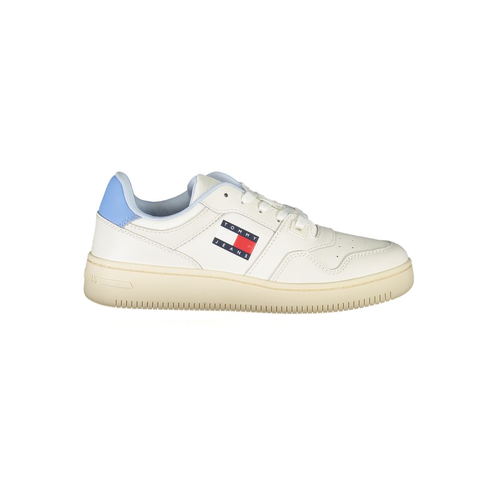 White Tommy Hilfiger women's polyurethane sneaker with sleek design and subtle branding, ideal for casual wear.