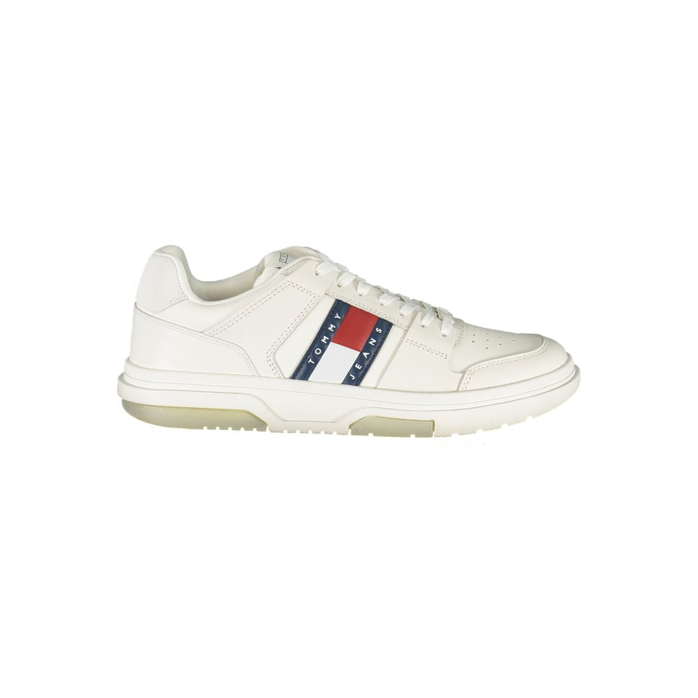 Tommy Hilfiger white polyurethane men's sneaker showing a sleek design with laces and brand logo on the side.
