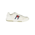 Tommy Hilfiger white polyurethane men's sneaker showing a sleek design with laces and brand logo on the side.