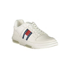Tommy Hilfiger white polyurethane men's sneaker with sleek design and sporty look, showcasing laces and brand logo.