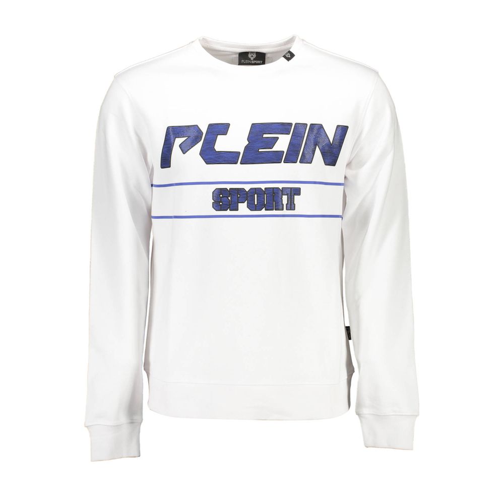 White Plein Sport cotton men's sweatshirt with ribbed cuffs and crew neckline, displayed flat on a white background.