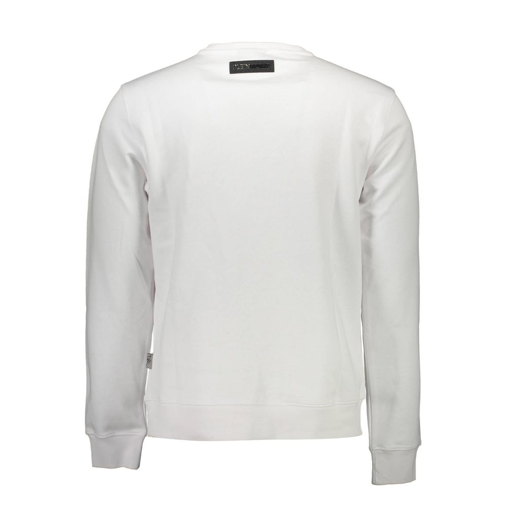 White Plein Sport cotton men's sweatshirt with ribbed cuffs and crew neckline, casual and comfortable athletic wear.