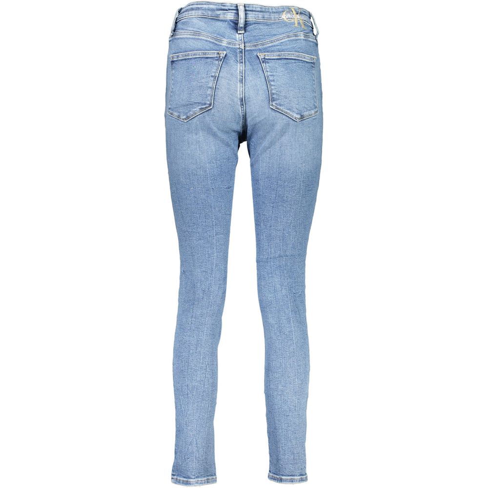 Calvin Klein Azzurro cotton women's skinny jeans shown on a model with a close-up of the denim fabric and fit.