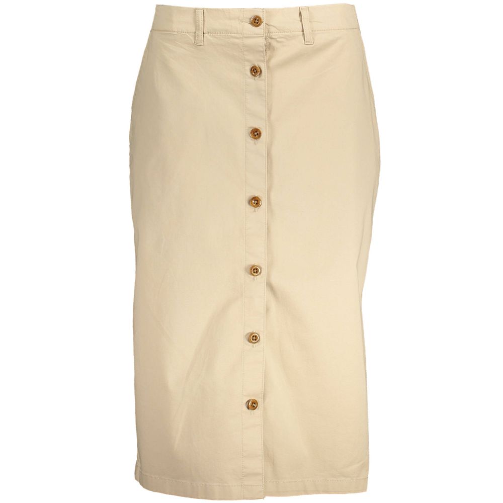 Beige Gant cotton women's skirt with a classic fit, showcased on a model, ideal for casual or office wear.
