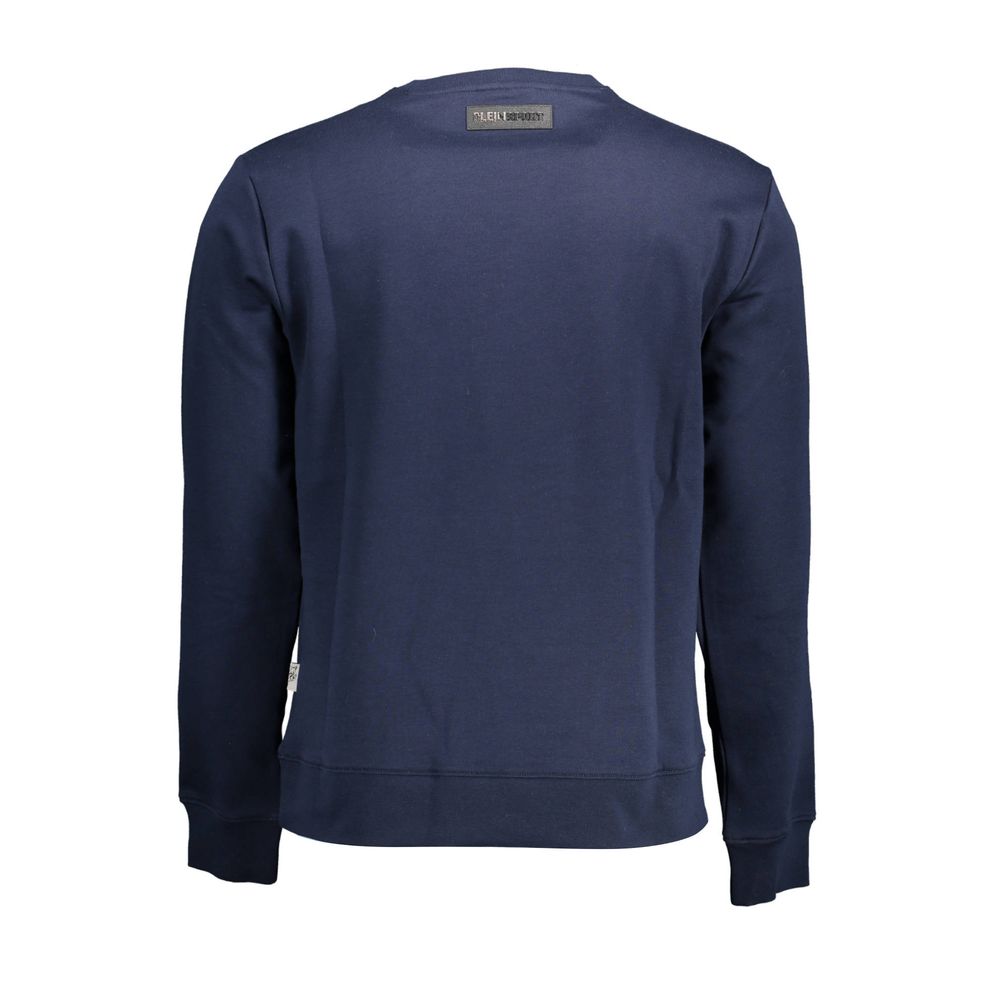 Blue cotton men's sweater by Plein Sport featuring a classic fit and ribbed cuffs, displayed on a plain background.