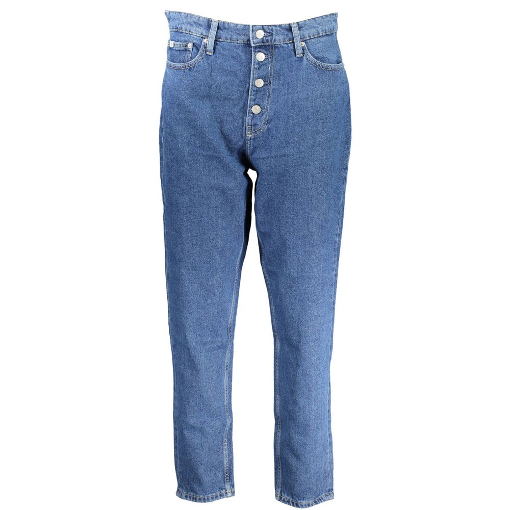 Calvin Klein Blu cotton women's jeans with classic fit and five-pocket design, shown on a model.