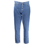 Calvin Klein Blu cotton women's jeans with classic fit and five-pocket design, shown on a model.