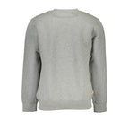 Timberland gray organic cotton men's sweatshirt displayed on a hanger, featuring a classic crewneck and soft fabric.