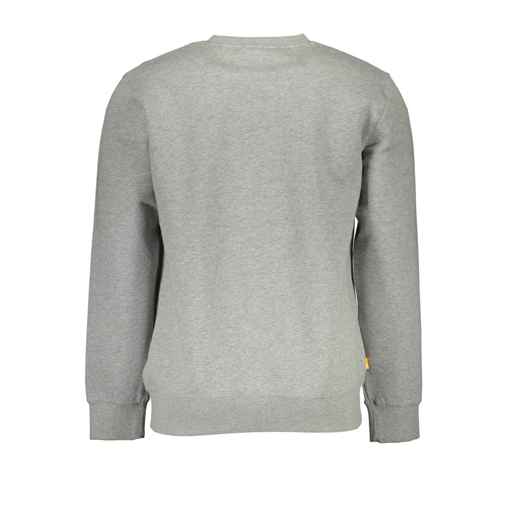 Timberland gray organic cotton men's sweatshirt displayed on a hanger, featuring a classic crewneck and soft fabric.