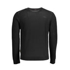 Black wool men's sweater by Napapijri, featuring a classic crewneck design and ribbed cuffs.