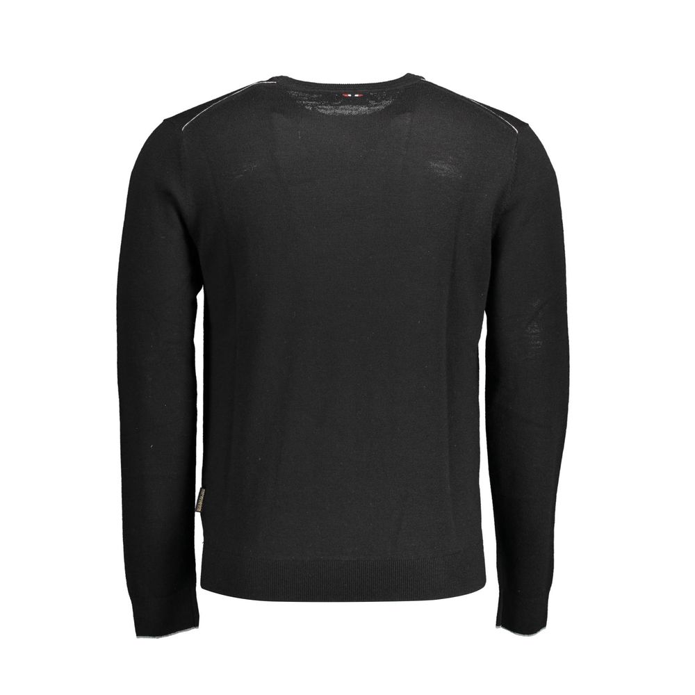Black wool men's sweater by Napapijri, featuring a classic crewneck design and ribbed cuffs.
