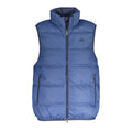 La Martina blue polyamide men's vest, lightweight and durable, shown on a hanger with front zipper and collar.