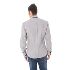 White cotton men's shirt by Costume National featuring a classic fit and minimal design, shown on a hanger.