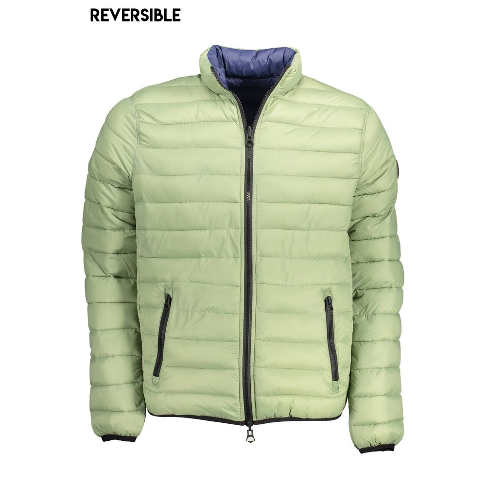U.S. POLO ASSN. men's green nylon jacket with front zipper, standing collar, and side pockets for casual outdoor wear.