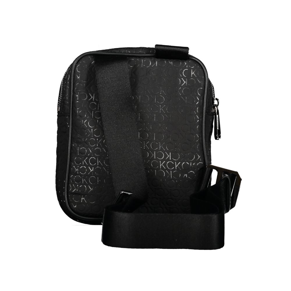 Black Calvin Klein polyester men's shoulder bag with adjustable strap and sleek design, shown in front view.