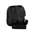 Black Calvin Klein polyester men's shoulder bag with adjustable strap and sleek design, shown in front view.
