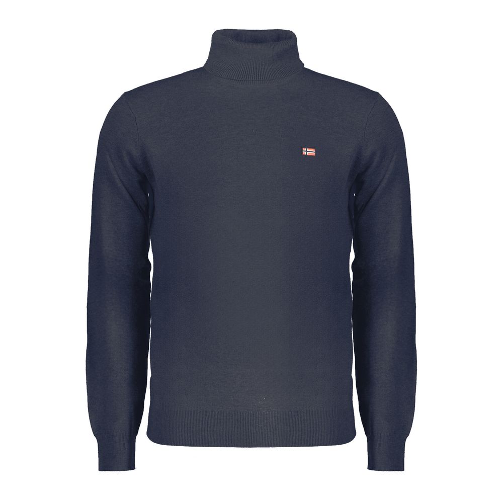 Norway 1963 blue wool men's sweater with a classic fit and ribbed collar, displayed on a plain background.