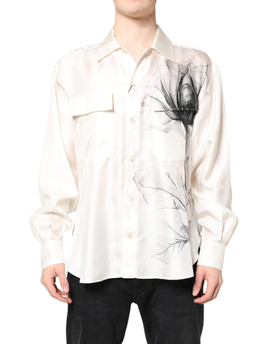 Dolce & Gabbana Ivory Silk Long Sleeves Men Casual Shirt Dolce & Gabbana