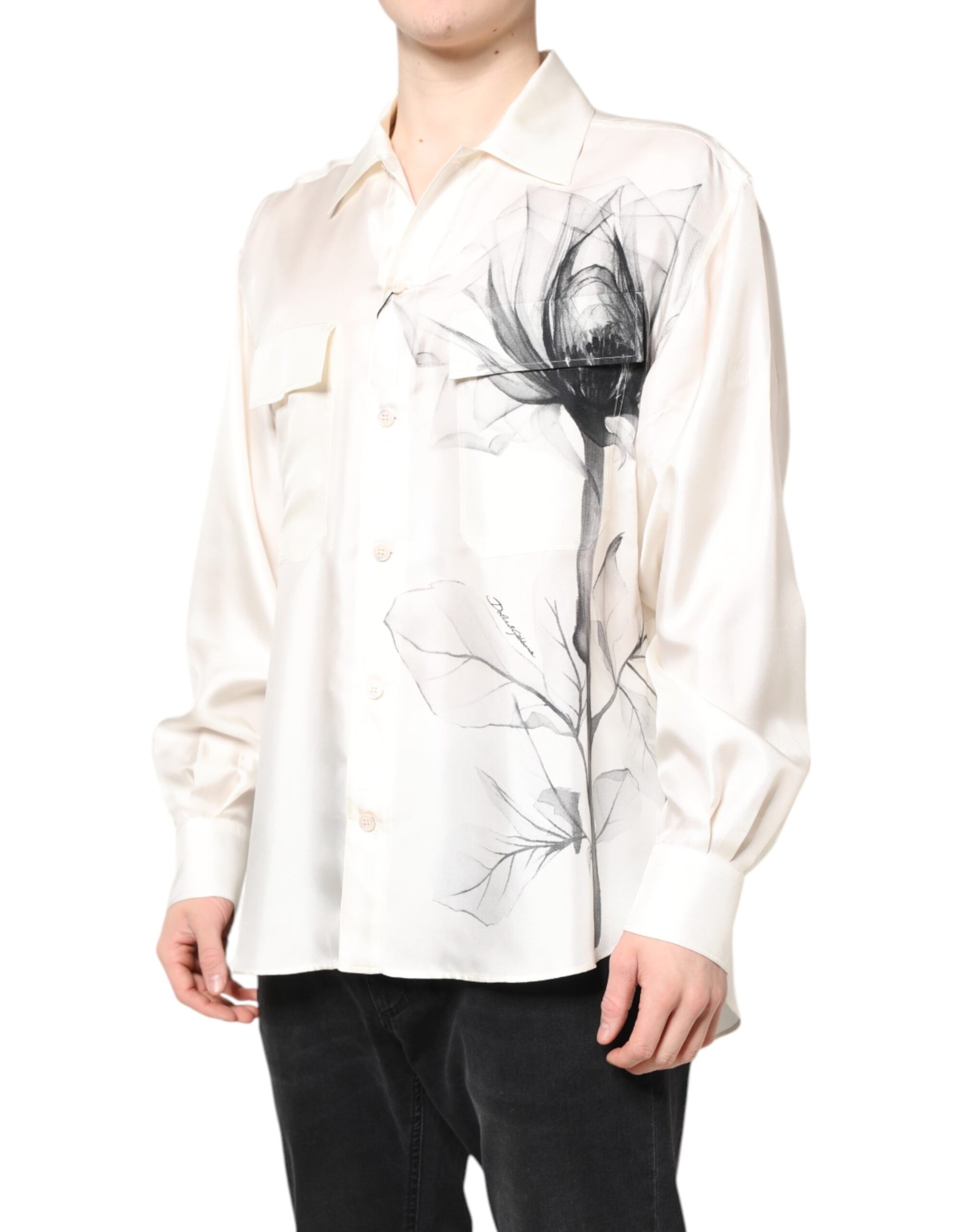 Dolce & Gabbana Ivory Silk Long Sleeves Men Casual Shirt Dolce & Gabbana