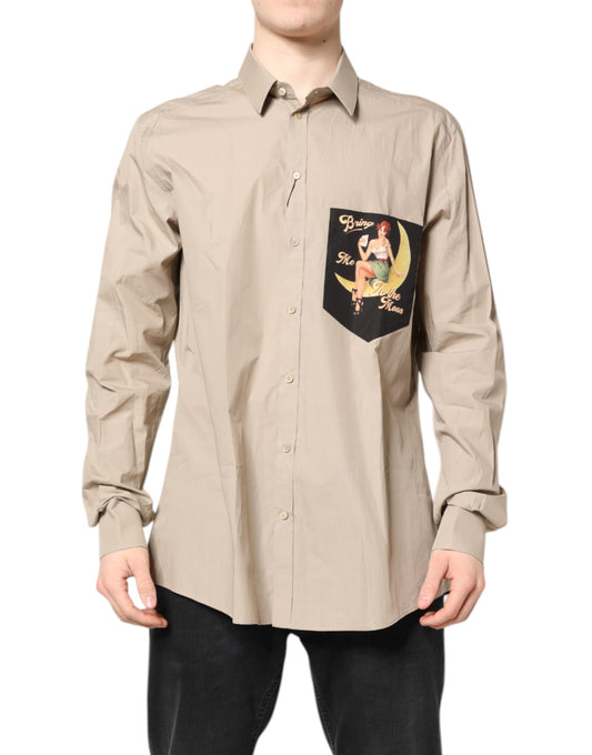 Dolce & Gabbana Beige Pin Up Print MARTINI Men Casual Shirt Dolce & Gabbana