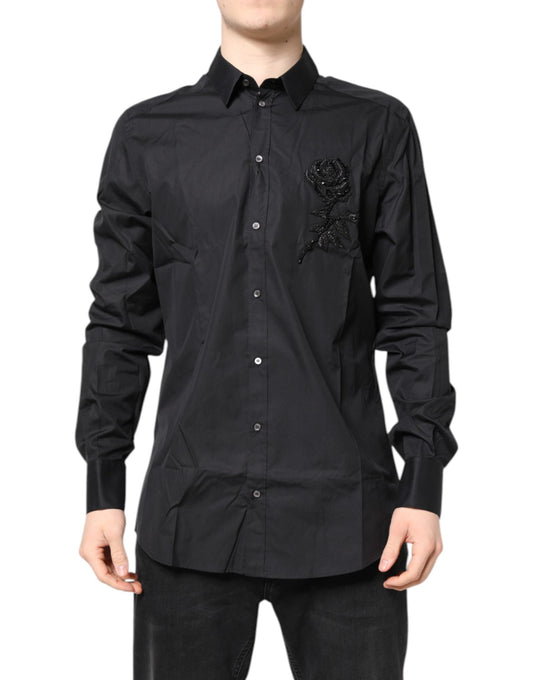 Dolce & Gabbana Black Floral Gold Cotton Dress Formal Shirt Dolce & Gabbana
