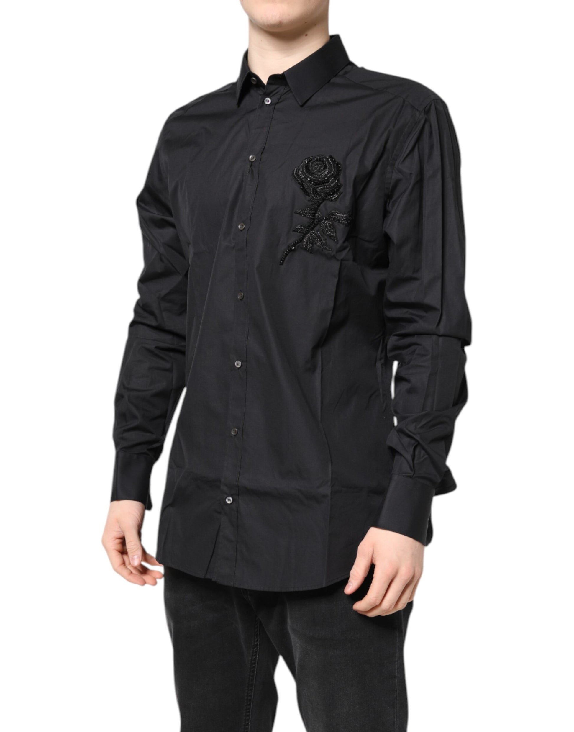 Dolce & Gabbana Black Floral Gold Cotton Dress Formal Shirt Dolce & Gabbana
