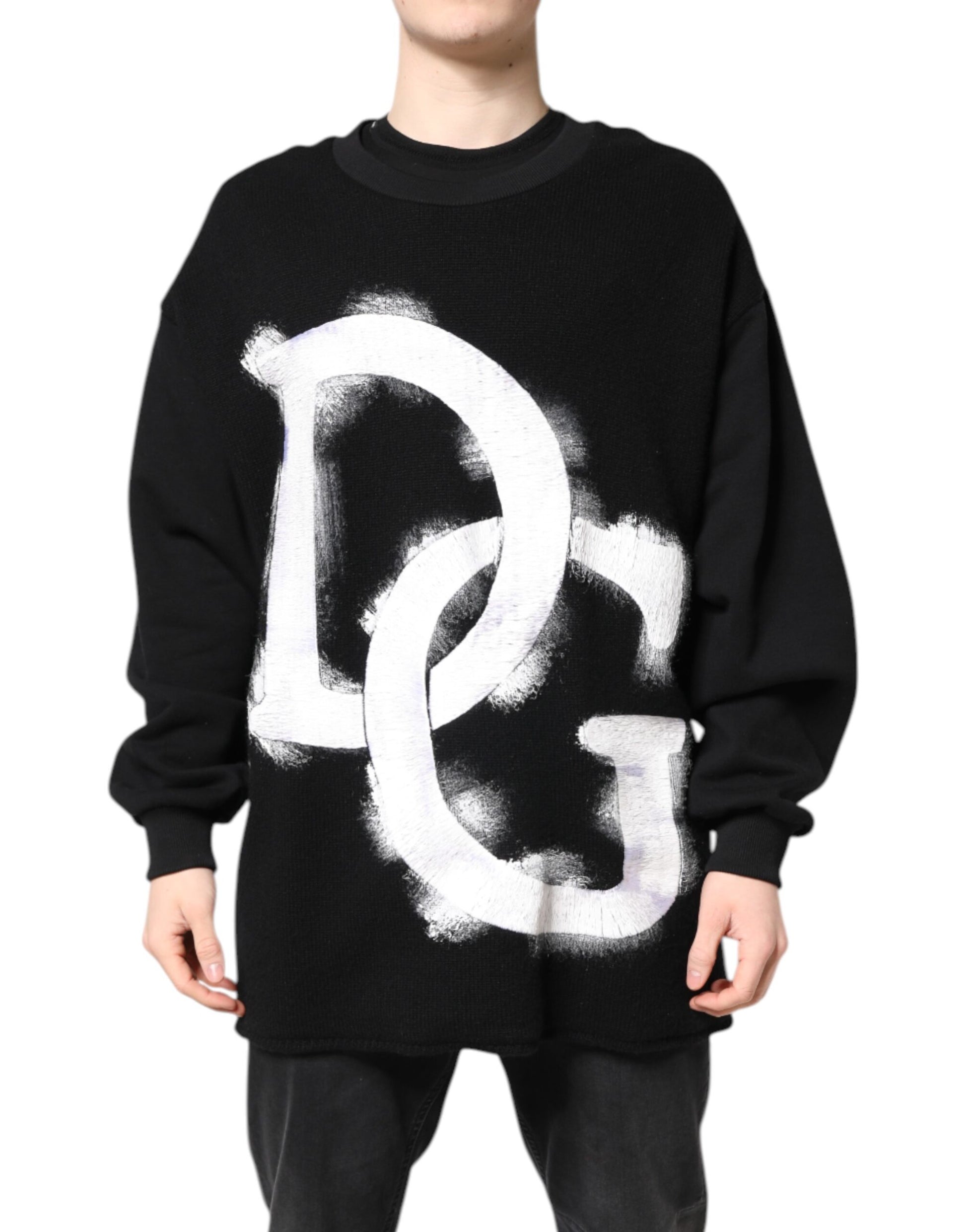 Dolce & Gabbana Black Cotton Logo Print Men Pullover Sweater Dolce & Gabbana